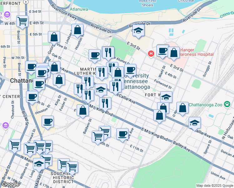 map of restaurants, bars, coffee shops, grocery stores, and more near 725 McCallie Avenue in Chattanooga