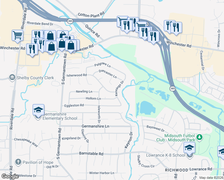 map of restaurants, bars, coffee shops, grocery stores, and more near 7390 Isherwood Road in Memphis
