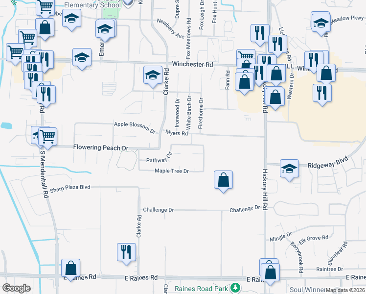 map of restaurants, bars, coffee shops, grocery stores, and more near 5687 Winter Tree Drive in Memphis