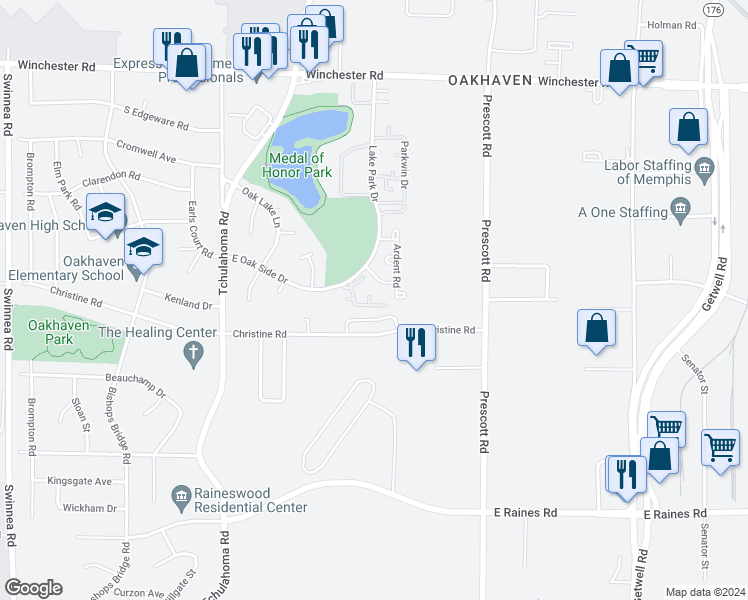 map of restaurants, bars, coffee shops, grocery stores, and more near 3430 High Bridge Drive in Memphis