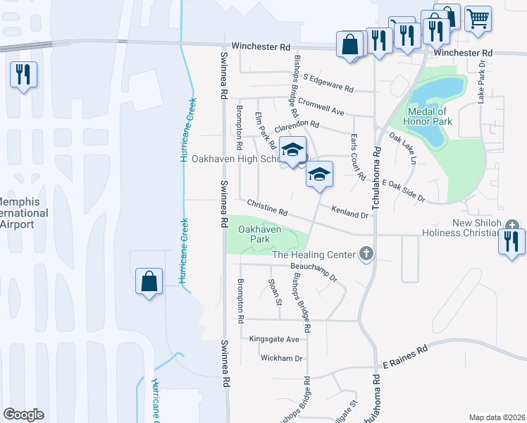 map of restaurants, bars, coffee shops, grocery stores, and more near 3077 Christine Road in Memphis