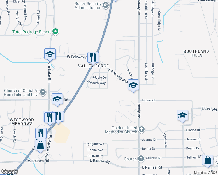 map of restaurants, bars, coffee shops, grocery stores, and more near 141 South Fairway Cove in Memphis