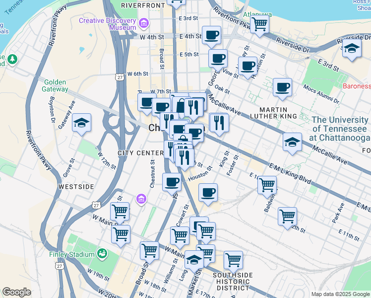map of restaurants, bars, coffee shops, grocery stores, and more near 919 Lindsay Street in Chattanooga