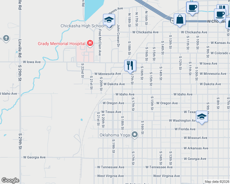 map of restaurants, bars, coffee shops, grocery stores, and more near 626 South 19th Street in Chickasha