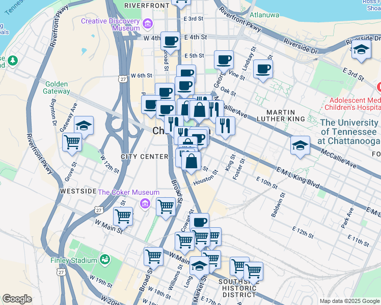map of restaurants, bars, coffee shops, grocery stores, and more near 919 Lindsay Street in Chattanooga