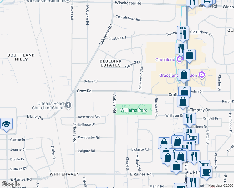 map of restaurants, bars, coffee shops, grocery stores, and more near 873 Craft Road in Memphis