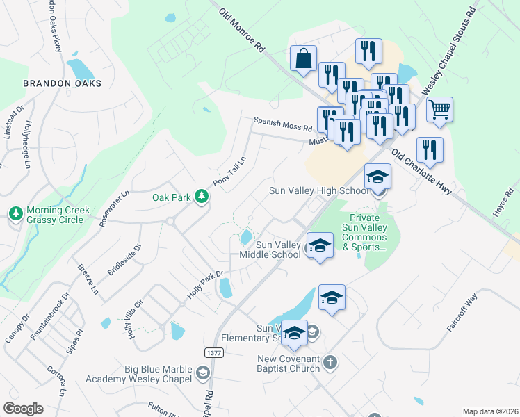 map of restaurants, bars, coffee shops, grocery stores, and more near 1016 Council Fire Circle in Indian Trail