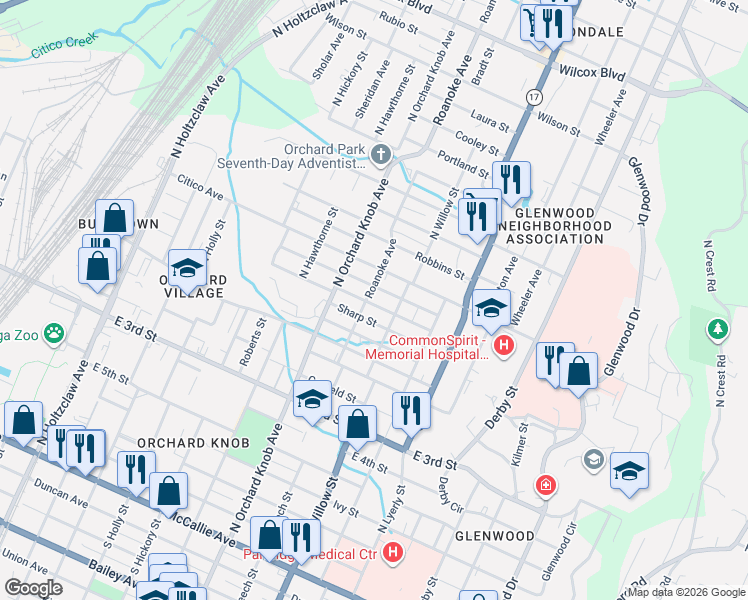 map of restaurants, bars, coffee shops, grocery stores, and more near 1917 Jackson Street in Chattanooga