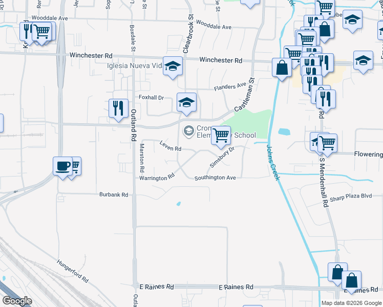 map of restaurants, bars, coffee shops, grocery stores, and more near 5012 Leven Road in Memphis