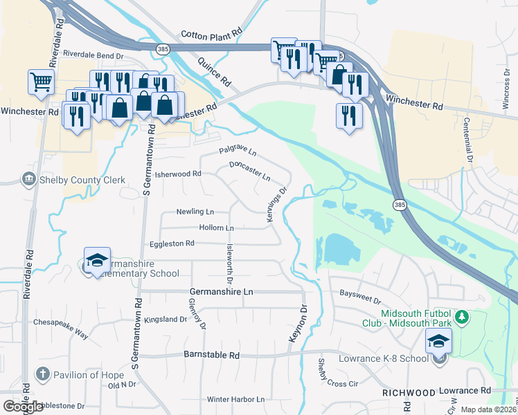 map of restaurants, bars, coffee shops, grocery stores, and more near 7390 Isherwood Road in Memphis