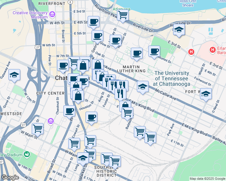 map of restaurants, bars, coffee shops, grocery stores, and more near 411 East Martin Luther King Boulevard in Chattanooga