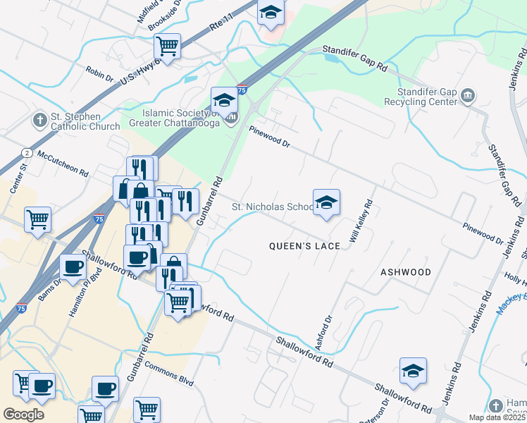 map of restaurants, bars, coffee shops, grocery stores, and more near 2501 Kingsley Court in Chattanooga
