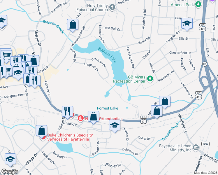 map of restaurants, bars, coffee shops, grocery stores, and more near 1205-1207 Longleaf Drive in Fayetteville