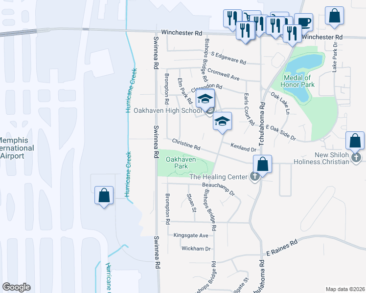 map of restaurants, bars, coffee shops, grocery stores, and more near 3077 Christine Road in Memphis