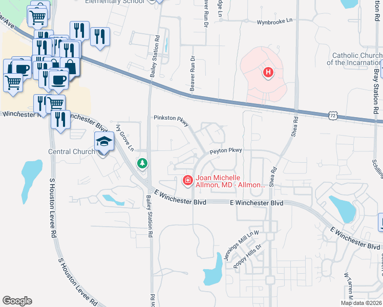 map of restaurants, bars, coffee shops, grocery stores, and more near 1768 Yancey Circle North in Collierville
