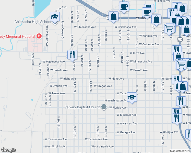 map of restaurants, bars, coffee shops, grocery stores, and more near 1424 West Idaho Avenue in Chickasha