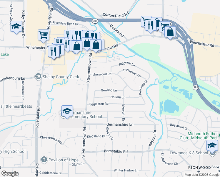 map of restaurants, bars, coffee shops, grocery stores, and more near 3817 Cosgrave Cove in Memphis