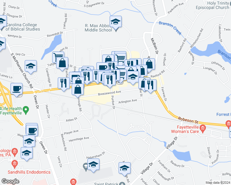 map of restaurants, bars, coffee shops, grocery stores, and more near 2837 Breezewood Avenue in Fayetteville