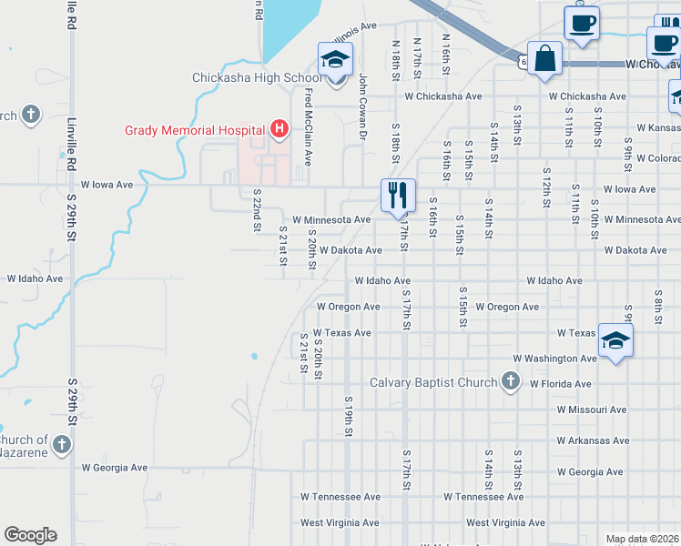 map of restaurants, bars, coffee shops, grocery stores, and more near 626 South 19th Street in Chickasha