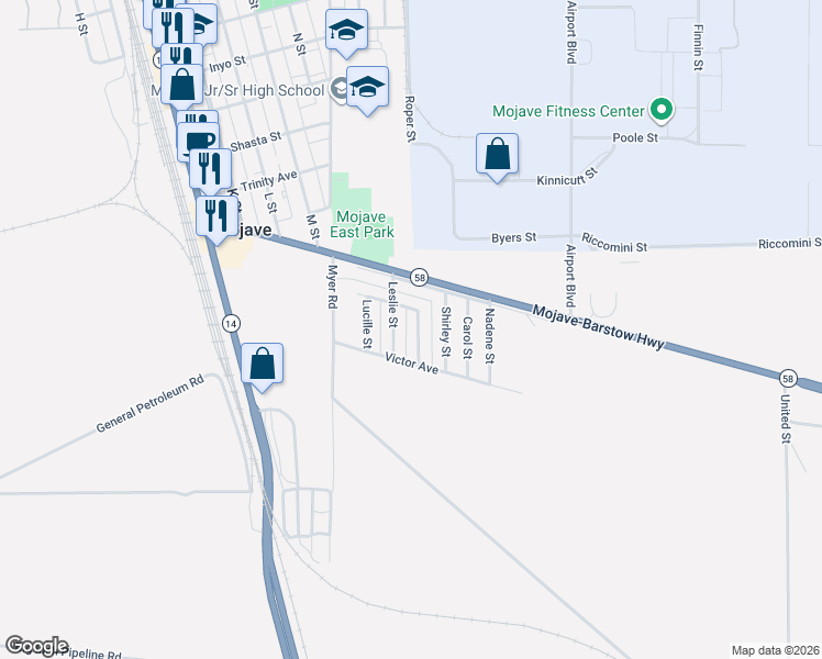 map of restaurants, bars, coffee shops, grocery stores, and more near 15375 Blackfield Street in Mojave