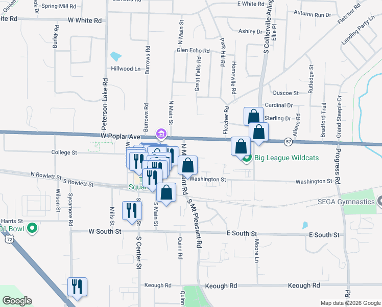 map of restaurants, bars, coffee shops, grocery stores, and more near 234 Natchez Street in Collierville
