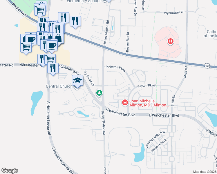 map of restaurants, bars, coffee shops, grocery stores, and more near 1853 Northcross Place South in Collierville
