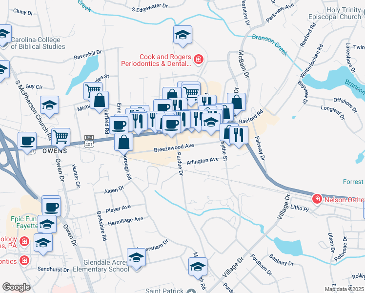 map of restaurants, bars, coffee shops, grocery stores, and more near 2831 Breezewood Avenue in Fayetteville