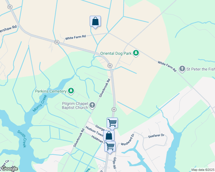 map of restaurants, bars, coffee shops, grocery stores, and more near 1444 Silverbrook Road in Oriental