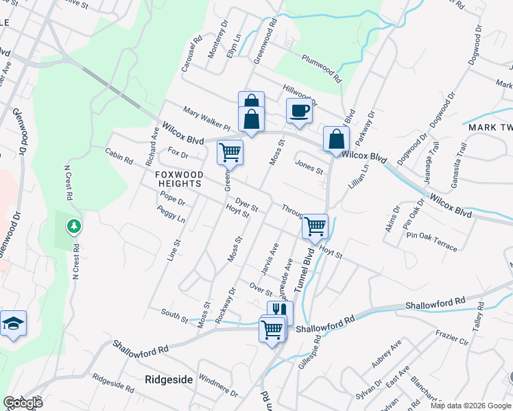 map of restaurants, bars, coffee shops, grocery stores, and more near 3215 Dyer Street in Chattanooga