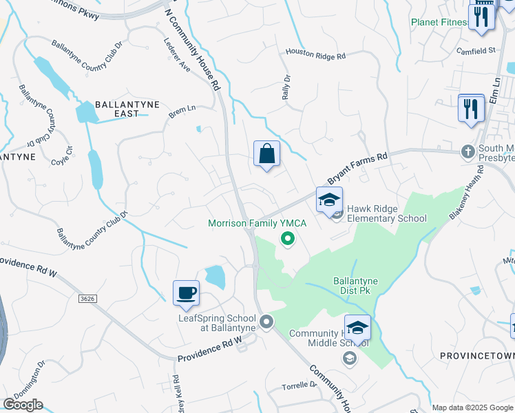 map of restaurants, bars, coffee shops, grocery stores, and more near Community Commons Lane in Charlotte