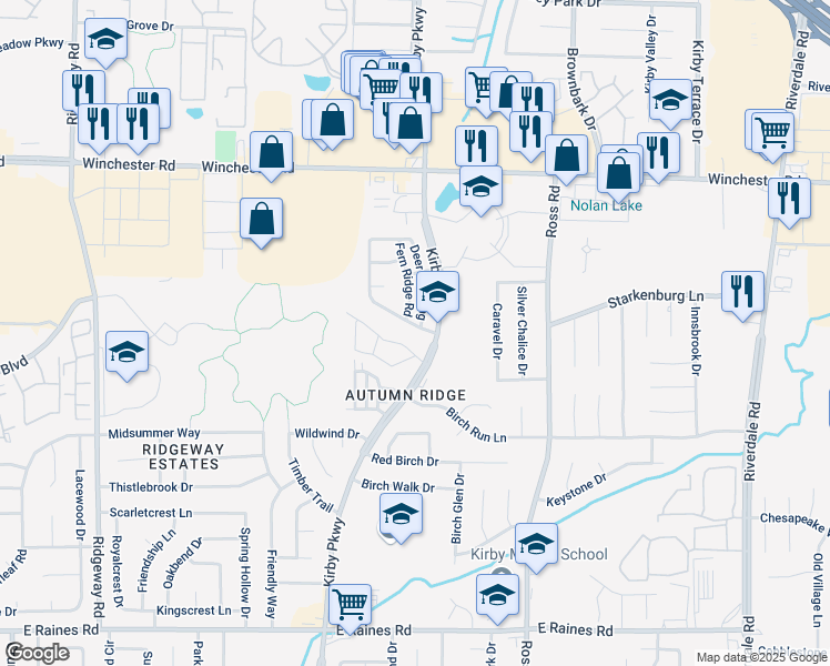 map of restaurants, bars, coffee shops, grocery stores, and more near 3815 Deer Forest Drive in Memphis