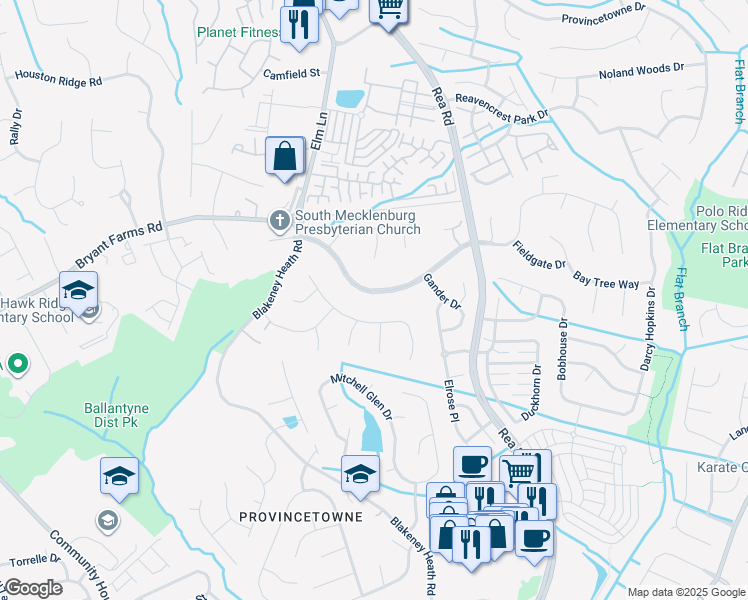 map of restaurants, bars, coffee shops, grocery stores, and more near 11832 Parks Farm Lane in Charlotte