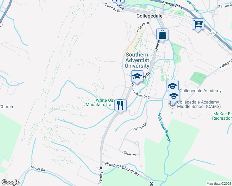 map of restaurants, bars, coffee shops, grocery stores, and more near 4738 White Oak Drive in Ooltewah