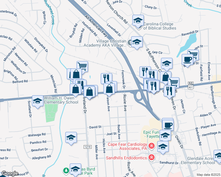 map of restaurants, bars, coffee shops, grocery stores, and more near 3820 Raeford Road in Fayetteville