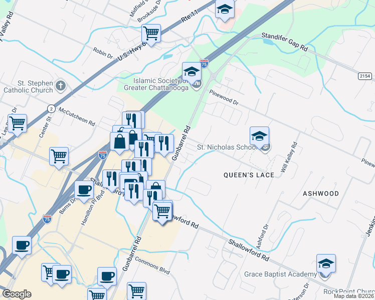 map of restaurants, bars, coffee shops, grocery stores, and more near 7409 Hamilton Run Drive in Chattanooga