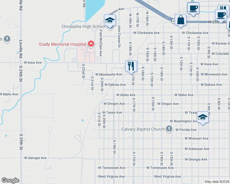 map of restaurants, bars, coffee shops, grocery stores, and more near 626 South 19th Street in Chickasha