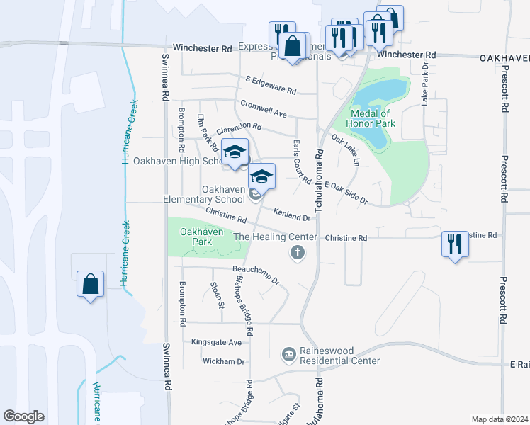 map of restaurants, bars, coffee shops, grocery stores, and more near 3169 Kenland Drive in Memphis