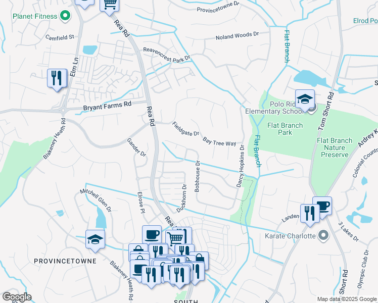 map of restaurants, bars, coffee shops, grocery stores, and more near 9205 Bellegarde Drive in Charlotte