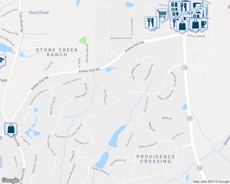 map of restaurants, bars, coffee shops, grocery stores, and more near 5803 Bruntsfield Place in Charlotte