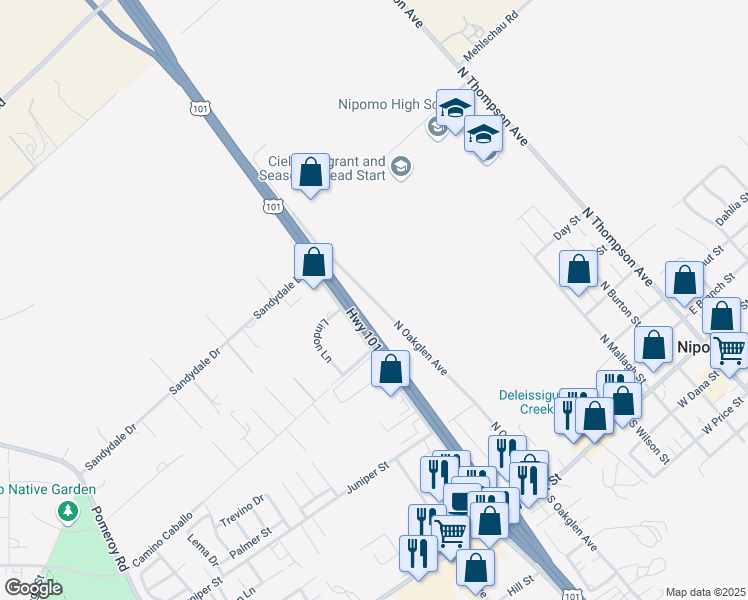 map of restaurants, bars, coffee shops, grocery stores, and more near North Oakglen Avenue in Nipomo