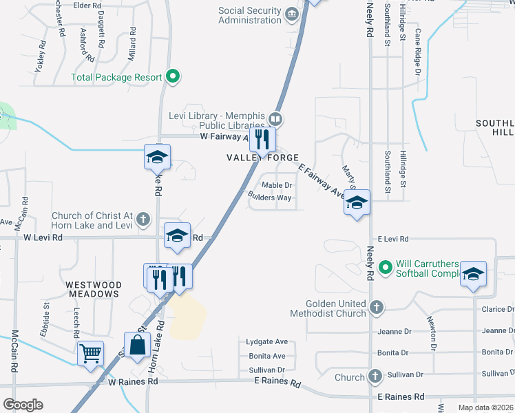 map of restaurants, bars, coffee shops, grocery stores, and more near 38 Haas Avenue in Memphis