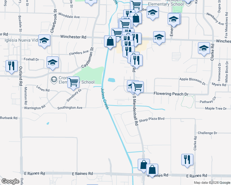 map of restaurants, bars, coffee shops, grocery stores, and more near 5209 Flowering Peach Drive in Memphis