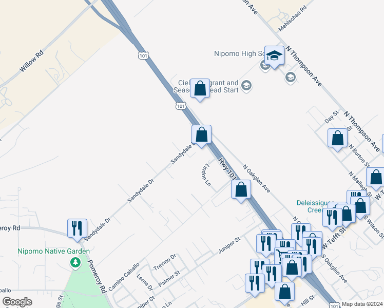 map of restaurants, bars, coffee shops, grocery stores, and more near 525 Sandydale Drive in Nipomo