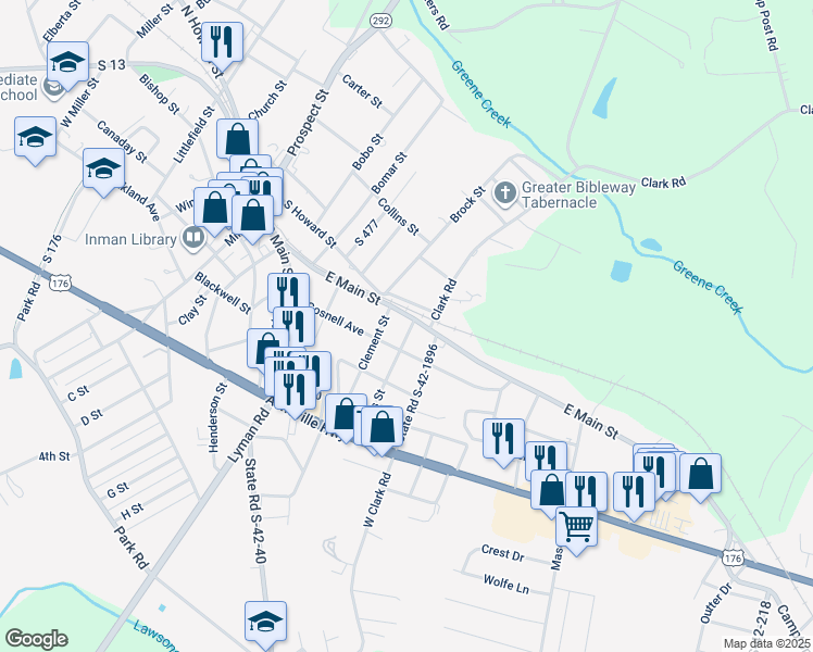 map of restaurants, bars, coffee shops, grocery stores, and more near 48 East Main Street in Inman