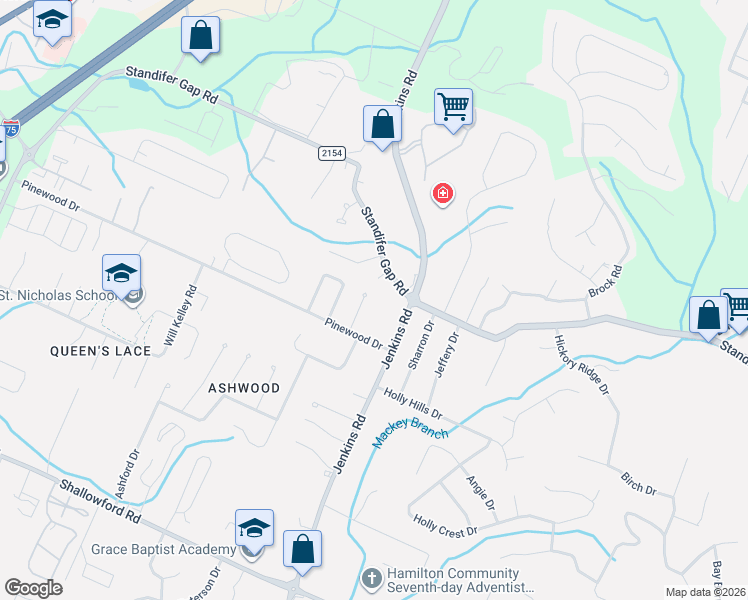 map of restaurants, bars, coffee shops, grocery stores, and more near 2511 Jenkins Road in Chattanooga