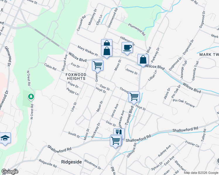 map of restaurants, bars, coffee shops, grocery stores, and more near 3215 Dyer Street in Chattanooga