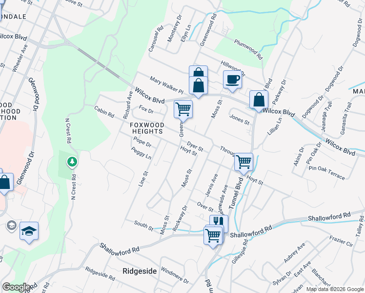 map of restaurants, bars, coffee shops, grocery stores, and more near 3206 Dyer Street in Chattanooga