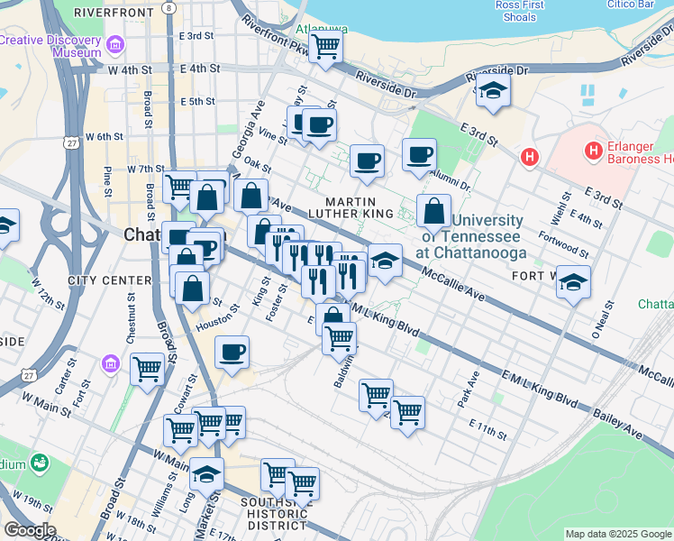 map of restaurants, bars, coffee shops, grocery stores, and more near 815 University Street in Chattanooga