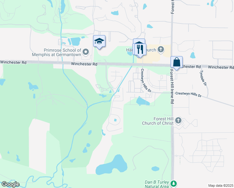 map of restaurants, bars, coffee shops, grocery stores, and more near 8902 Links Drive East in Memphis