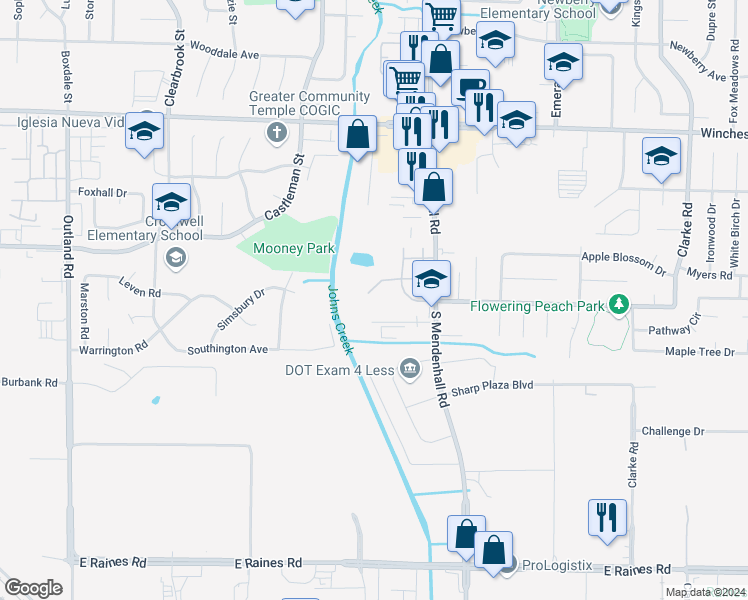 map of restaurants, bars, coffee shops, grocery stores, and more near 5209 Flowering Peach Drive in Memphis